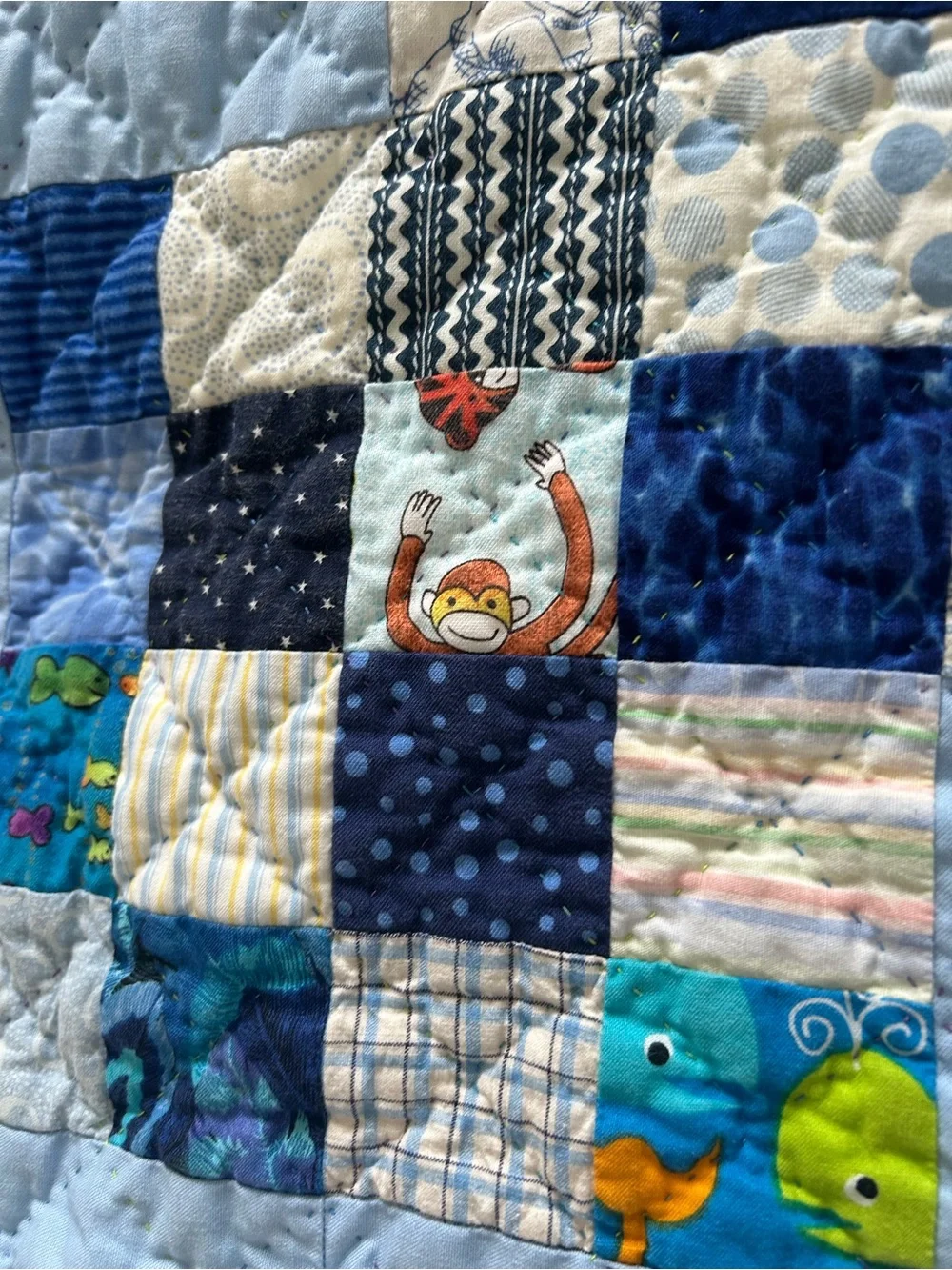 Hand stitched Blue Patchwork Baby Quilt. Size 37”x37”. Freshly laundered, ready